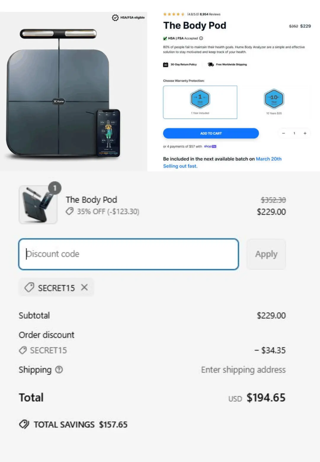 Hume health body pod checkout page
